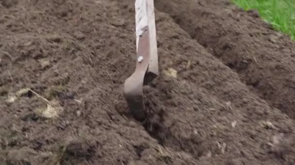 안개낀 납작 한 칼로 도랑을 느린 동작으로 만드는 과정 — 비디오
