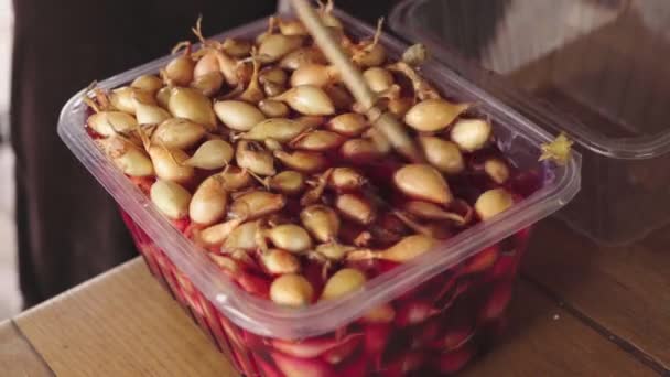 Процес замочування цибулинних цибулин у розчині марганцівки — стокове відео