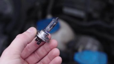 Otomotiv halojen lambası h7 el ile arabanın motor bölümünün arka planına doğru döner.