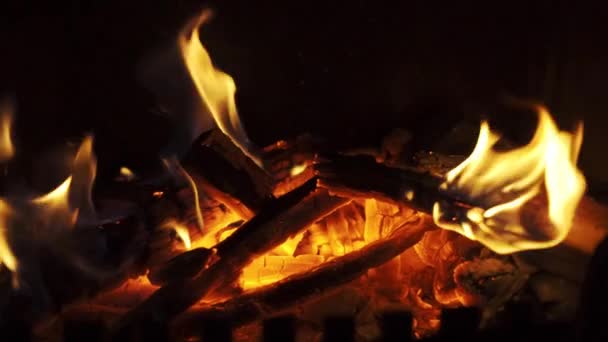 Fuego ardiente en una chimenea casera en cámara lenta de cerca — Vídeo de stock