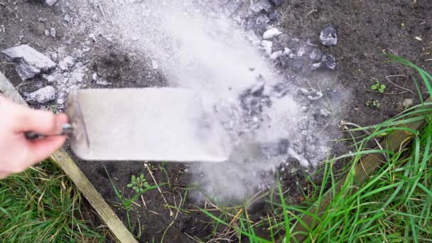 Fertilizando o solo da cama com carvão e cinzas na primavera antes do plantio — Vídeo de Stock