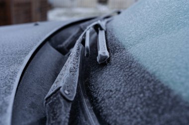 Kış sabahında buzla kaplı bir arabanın ön cam silecekleri.