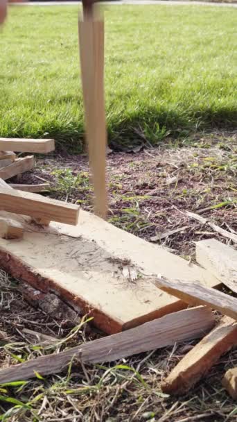 Vertikales Video Mann hackt Holz mit einer Axt in dünne Späne in Großaufnahme — Stockvideo