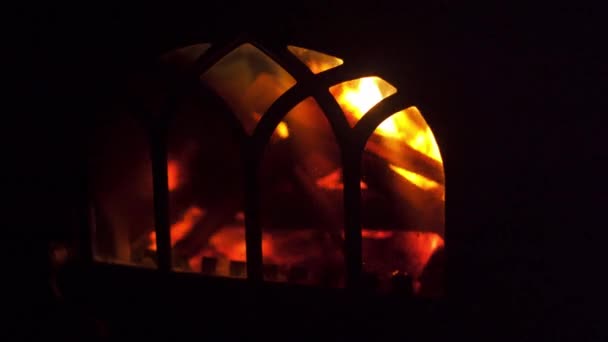 Kışın odayı ısıtmak ve sıcak bir atmosfer için özel bir evin şöminesinde ateş yanıyor. — Stok video