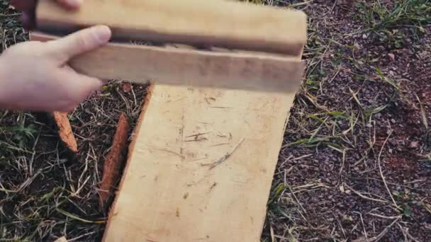 Preparación de leña para encender un fuego afuera — Vídeo de stock