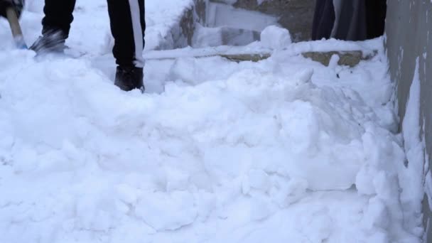 Κίεβο, Ουκρανία - 9 Φεβρουαρίου 2021: Ρίχνει χιόνι κατά τη διάρκεια της χειμερινής χιονόπτωση με το χέρι με ένα φτυάρι — Αρχείο Βίντεο