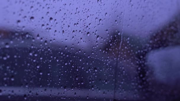 Kropla spływa przez szybę w deszczu. — Wideo stockowe
