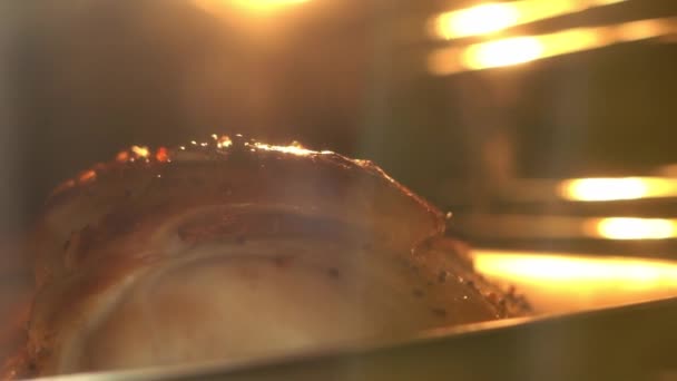 Assar frango no forno close-up através da janela — Vídeo de Stock
