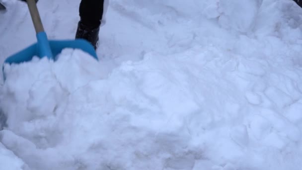 Kiev, Ukraine - February 9, 2021: Throwing snow from the foundation of the house to avoid flooding the basement in the spring — Stock Video