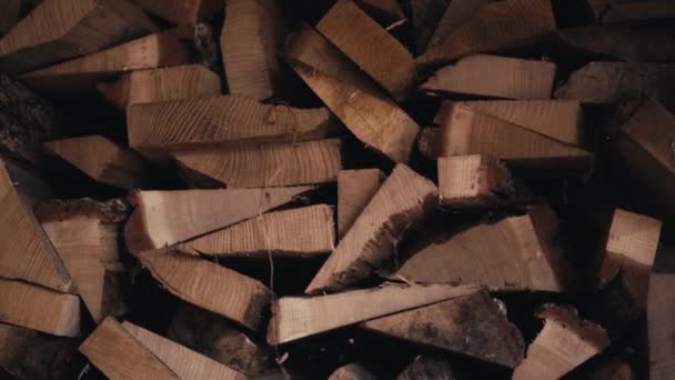 Bois de chauffage de chêne empilé dans le hangar à bois. Passez la caméra de gauche à droite — Video