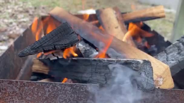 在烤架上烧柴火的特写 — 图库视频影像