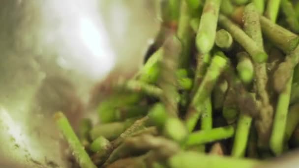 Mieszanie surowych posiekanych szparagów z przyprawami — Wideo stockowe