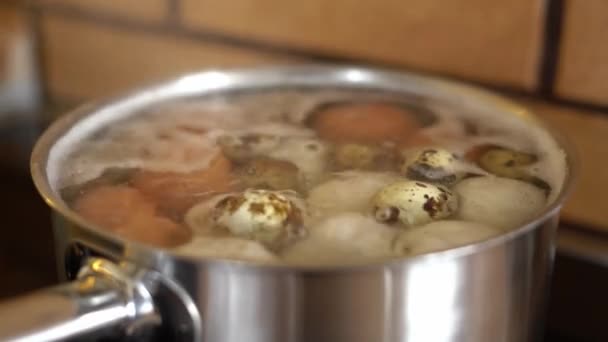 Jaja kurze brązowe i białe gotowane są przepiórką w jednym garnku we wrzącej wodzie — Wideo stockowe