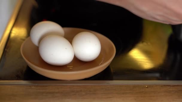 Samice układają świeżo ugotowane, szybujące jajka kurczaka na spodzie. — Wideo stockowe