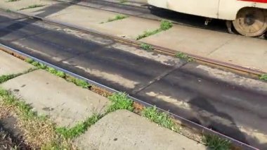 Bir adam tramvay raylarına paralel yürüyor ve geçen bir tramvayın fotoğraflarını çekiyor.