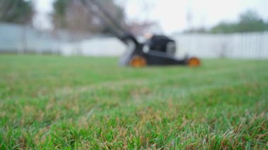Çim biçme makinesinin arka planında yeşil çimenler bulanık bir arka planda, düzgün bir kamera hareketi. Yüksek kaliteli FullHD görüntüler