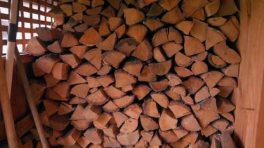 Odun yığını içinde meşe ağacından bir odun yığını, düzgün kamera hareketi. Yüksek kaliteli FullHD görüntüler