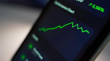 Akıllı telefon ekranı artan grafik ve yüzdeleri yakından gösteriyor. Piyasa dalgalanmaları. Yüksek kalite 4k görüntü