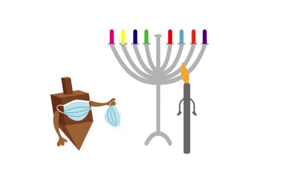 Hanukkah 2020Motion Gráficos Brown Spinning Top Vestindo Máscara Facial Azul — Vídeo de Stock