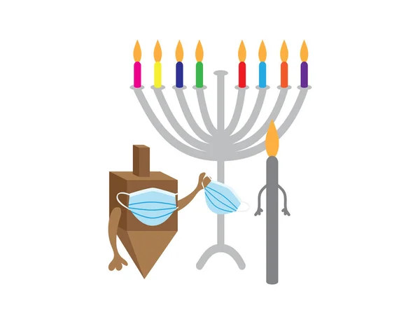 Hanukkah 2020 Illustrazione Vettoriale Della Trottola Marrone Indossando Maschera Blu — Vettoriale Stock