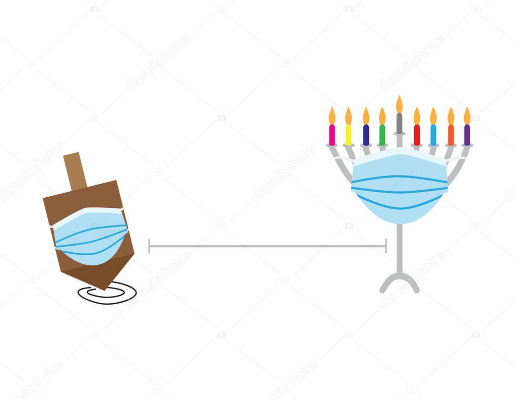 Hanukkah 2020 social distance vector illustration, Brown spinning top and Hanukkah Menorah with colorful candles wearing Blue face masks, keeping safe distance