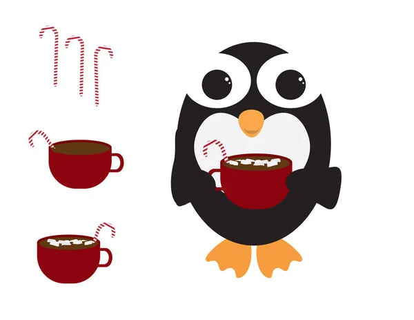Netter Pinguin Mit Rotem Becher Mit Heißer Schokolade Marshmallows Und — Stockvektor