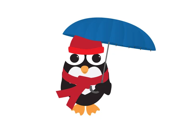 Netter Pinguin Mit Roter Mütze Und Schal Und Blauem Regenschirm — Stockvektor