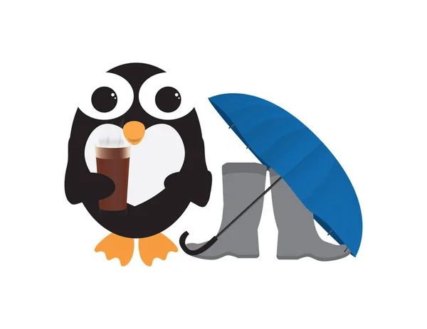 ホットチョコレートとかわいいペンギン保持ガラスとグレーのウェリーとブルーの傘の近くに立って — ストックベクタ