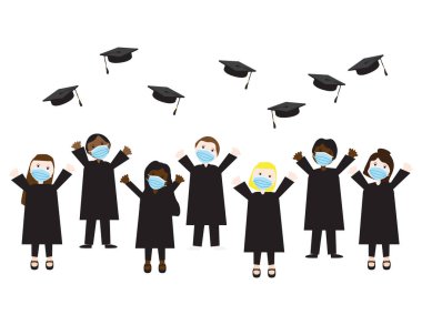 Yüz maskesi takan öğrencilerin mezuniyet şapkalarını havaya fırlattıkları vektör çizimi.