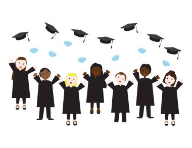 Mezuniyet şapkalarını ve yüz maskelerini havaya fırlatan öğrencilerin vektör çizimi