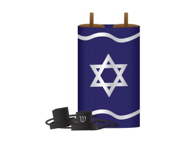 Torah scroll with Blue Silver Star of David cover, and Black tefillin on White background clipart