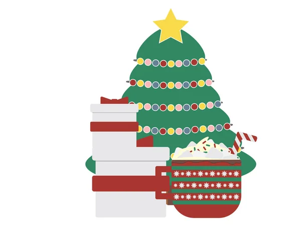 Albero Natale Decorato Scatola Regalo Bianca Rossa Grande Tazza Verde — Vettoriale Stock