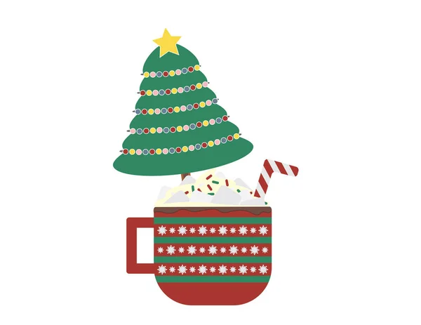 Ilustrasi Vektor Pohon Natal Yang Dihias Dalam Cangkir Besar Berwarna - Stok Vektor
