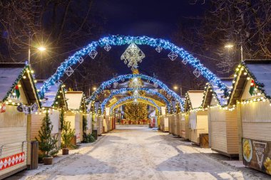 LVIV, UKRAINE - 14 Ocak 2021: Noel ve Yeni Yıl ağacı ve kışın panayır