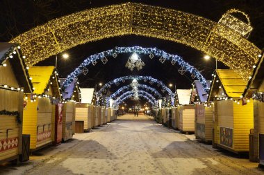 LVIV, UKRAINE - 14 Ocak 2021: Noel ve Yeni Yıl ağacı ve kışın panayır