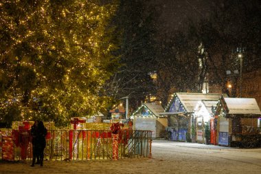 LVIV, UKRAINE - 14 Ocak 2021: Noel ve Yeni Yıl ağacı ve kışın panayır