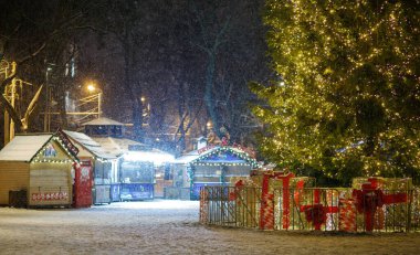 LVIV, UKRAINE - 14 Ocak 2021: Noel ve Yeni Yıl ağacı ve kışın panayır
