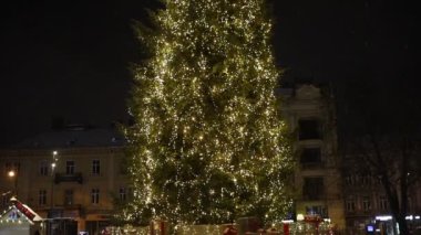 LVIV, UKRAINE - 14 Ocak 2021: Noel ve Yeni Yıl ağacı ve kışın panayır