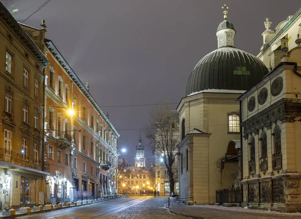 Lviv Ukraine Stycznia 2021 Starożytne Miasto Nocą — Zdjęcie stockowe