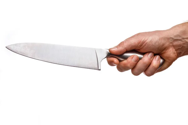 白い背景に料理人の手の中に大きなナイフは隔離されます — ストック写真