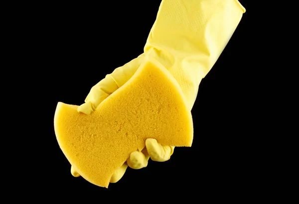 Una Mano Guante Amarillo Más Limpio Sostiene Una Esponja — Foto de Stock