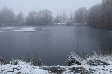 Sis ve kış manzaralı güzel kış gölü