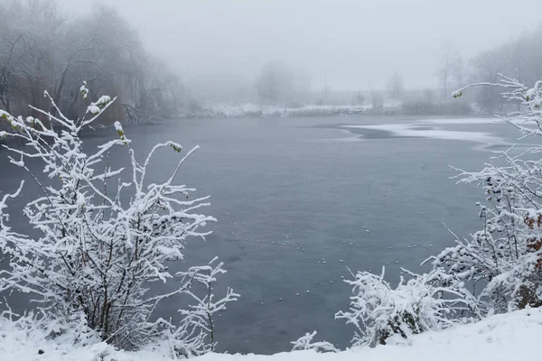 Красивое Зимнее Озеро Туманом Зимним Пейзажем — стоковое фото