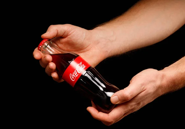 Lviv Ukraine December 2020 Coca Cola Glass Bottle Hands — Stock Photo, Image