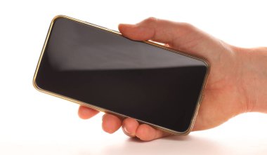 Beyaz arka planda elinde akıllı telefon