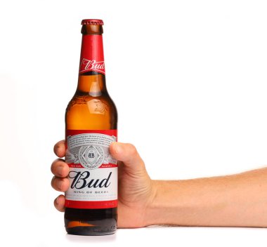 LVIV, UKRAINE - 22 Eylül 2020: Beyaz arka planda bir şişede bira