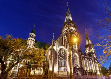 LVIV, UKRAINE - 27 Eylül 2020: Aziz Olga Kilisesi ve Elizabeth Kilisesi Avrupa 'nın bir şehrinde ışıklandırılmış eski gece mimarisi