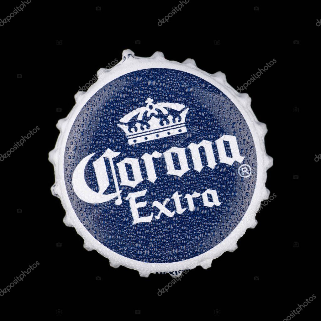 LVIV, UKRAINE - June 02, 2020: Corona beer cap on a black background