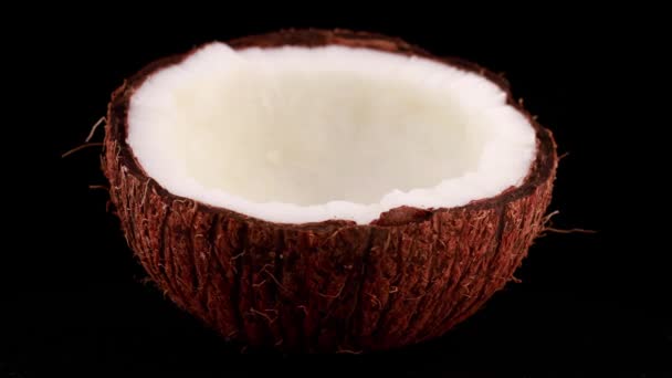 Gehakte Kokosnoot Een Zwarte Achtergrond — Stockvideo