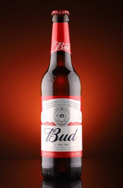 LVIV, UKRAINE - 10 Nisan 2020: cam şişe bira üst kırmızı zemin